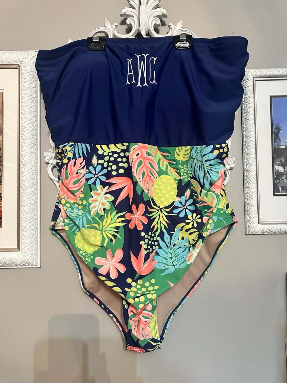 MarleyLilly Monogrammed Tropical Leaf Pineapple One-Piece Swimsuit 3X-Large